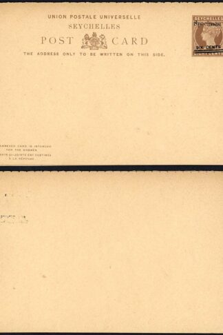 Seychelles HG8 6c on 4c reply card opt Specimen