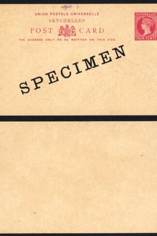 Seychelles HG1 4c postcard opt Specimen (1890 in manuscript at top)
