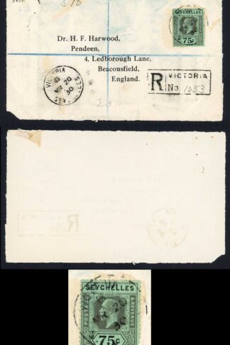 Seychelles 75c on a registered Front From Victoria to England