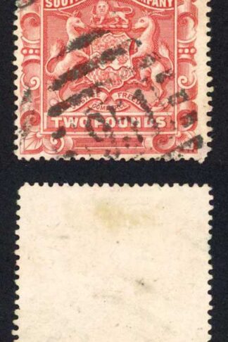 Rhodesia SG11 Two Pound Rose-red used SG Handstamp on reverse Cat 180 pounds