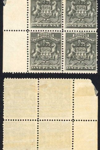Rhodesia SG1 1d Black Crossed T (top left stamp) in a M/M Block Cat 76++ pounds