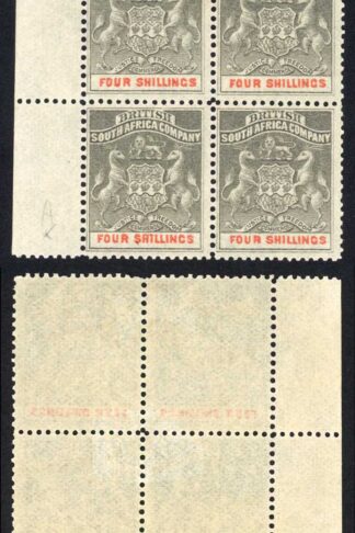 Rhodesia SG26 4/- Grey-black and Vermilion A for H in a Block Cat 320++ pounds