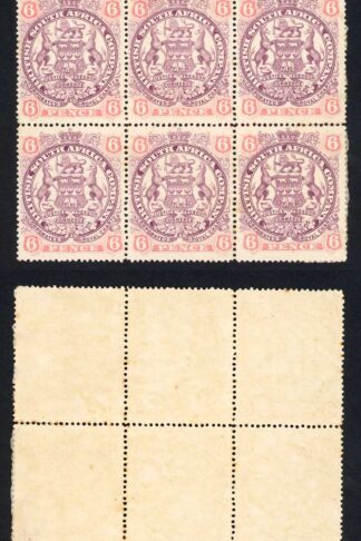 Rhodesia SG71 6d Part gum and split perfs between the two right hand stamps