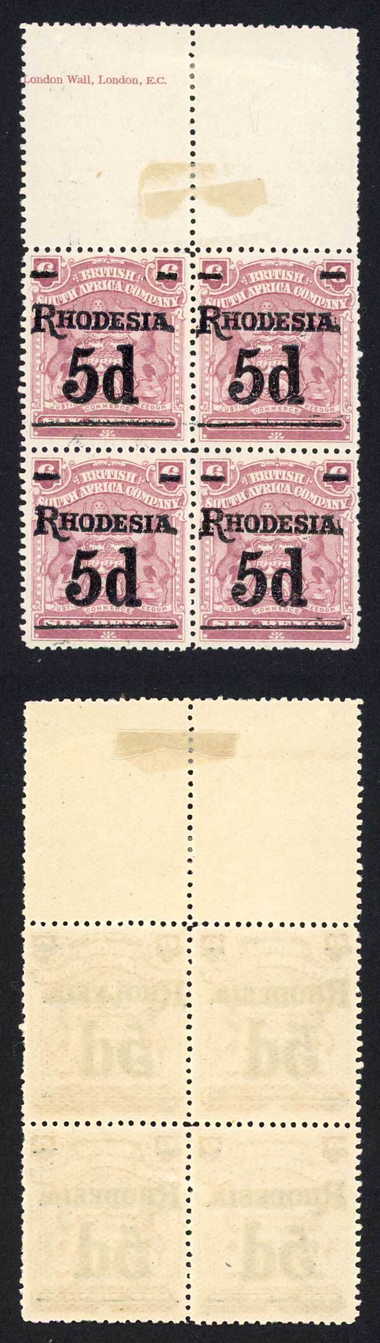 Rhodesia SG114 5d on 6d Block (stamps U/M) Cat 68++ pounds
