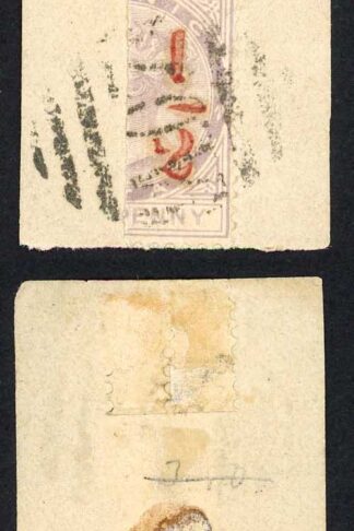 Dominica SG11 1/2d in Red on half a 1d PAIR on piece Cat 40++ pounds