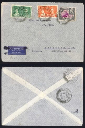 KUT KGV 50c and 1937 Coronation 5c and 20c on Cover to Germany
