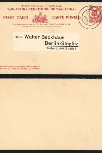 Tanganyika HG2 15c Reply card used to German (reply part intact) RARE