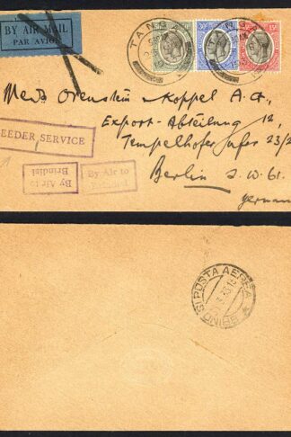 Tanganyika 1933 Mixed franking cover via Feeder Service