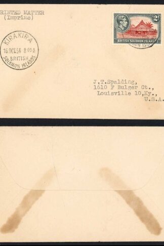 Solomon Is 1954 KGVI 2d on cover with Kirakira CDS
