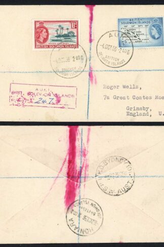 Solomon Is 1959 QEII 5d and 1 1/2d on cover with Kirakira CDS