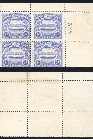 Solomon Is SG1 1/2d Ultramarine Large Canoe Corner block No Gum Cat 44 pounds