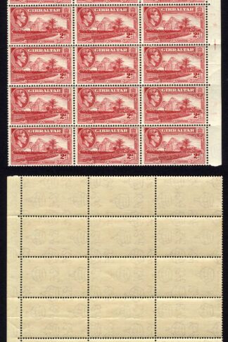 Gibraltar SG124c 2d Carmine block of 18 U/M (Gum creases) Cat 40.50 pounds