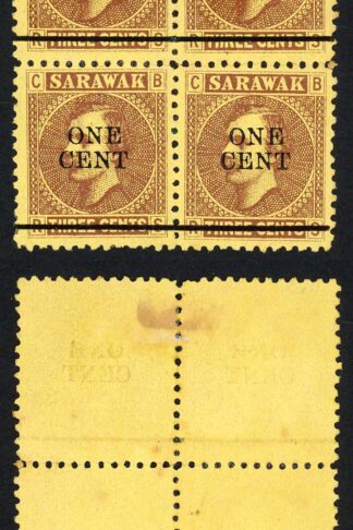 Sarawak SG27 1c on 3c Brown/yellow Block (no gum as normal) Cat 40++pounds