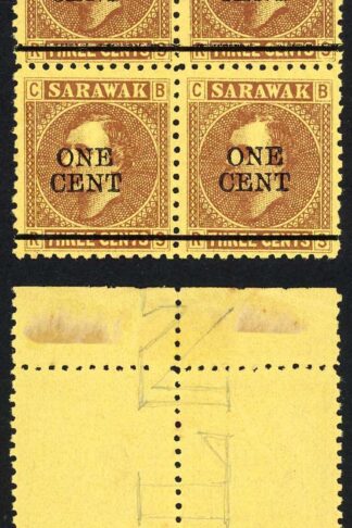 Sarawak SG27 1c on 3c Brown/yellow Block (no gum as normal) With WMK Cat 40++po