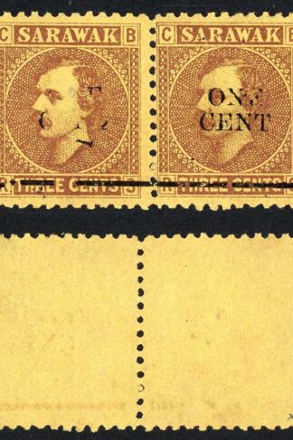 Sarawak SG27 1c on 3c Brown/yellow part of left hand overprint missing