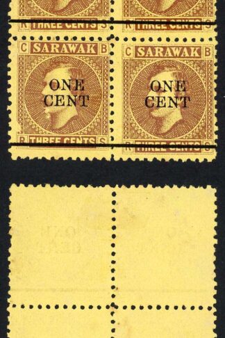 Sarawak SG27 1c on 3c Brown/yellow Block (no gum as normal) Cat 40++ pounds