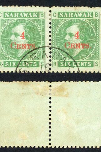 Sarawak SG34 4c on 6c Green CDS used Cat 240 pounds