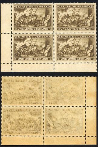 Jersey Revenue BF9 One Pound Sepia Perf 14.5 U/M Block of Four Very Scarce