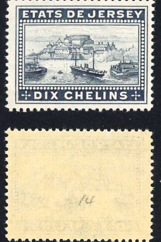 Jersey Revenue BF15 10/- Dull Blue Perf 14.5 U/M (toned)