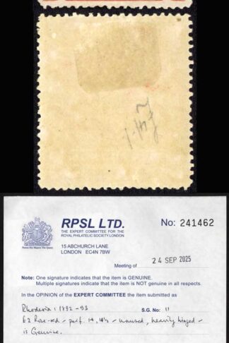 Rhodesia SG11 Two Pounds Perf 14 14.5 M/M RPS Cert Cat 650 fresh colour