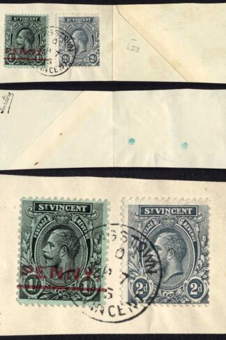 St Vincent SG110 and SG121a ONE Omitted CDS on small piece Cat 1438 pounds