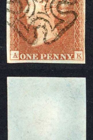 1841 Penny Red (AK) Plate 19 Fine Four Margins GREENOCK Cross Cat 250 pounds