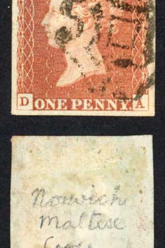 1841 Penny Red (DA) Plate 27 Fine Four Margins NORWICH Cross Cat 450 Pounds