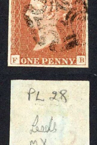 1841 Penny Red (FB) Plate 28 Fine Four Margins Stated to be LEEDS Type 2 Cross
