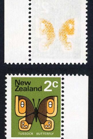 New Zealand 1973 (Variety) 2c Tussock Butterfly with yellow offset U/M