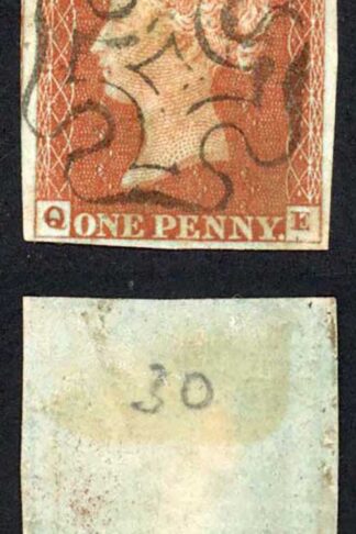 1841 Penny Red (QE) Plate 30 Fine Four Margins EDINBURGH Cross Cat 120 pounds