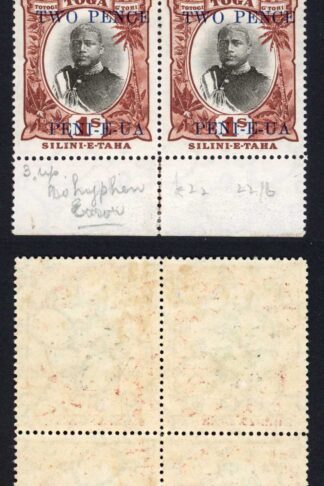 Tonga SG67a 2d on 1s the upper left stamp HYPHEN OMITTED M/M Cat 750 pounds