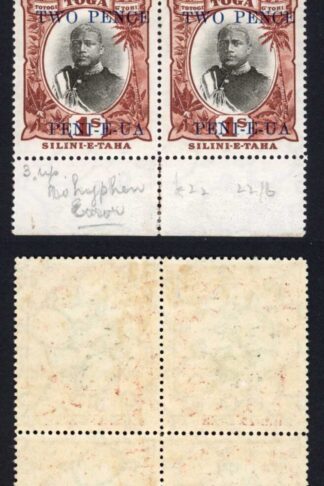 Tonga SG67a 2d on 1s the upper left stamp HYPHEN OMITTED M/M Cat 750 pounds