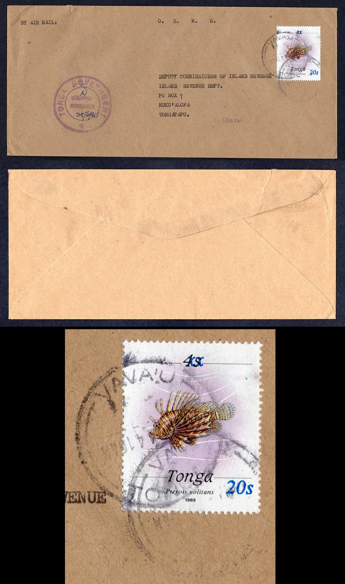 Tonga SG1217a 1993 20s on 4s Lionfish on OHMS envelope VERT RARE