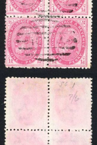 Tonga SG1b 1d Carmine Perf 12 x 11.5 used BLOCK Cat 16+++ pounds
