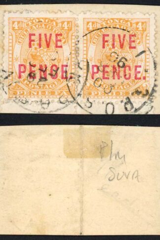 Tonga SG17 5d on 4d Orange used Pair on Piece Cat 20 pounds