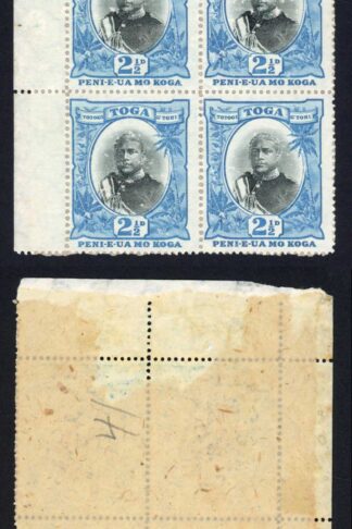 Tonga SG43 2 1/2d wmk Upright The tissue interleaving is affixed to reverse Cat