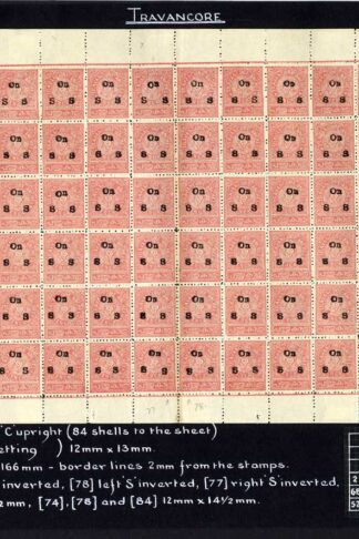 Travancore SGO24/c/d/e 1925-30 10ca pink Sheet with inverted O etc Cat 766 pound