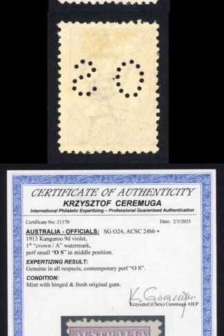 Australia SG O24 1914 official 9d Small OS violet M/M