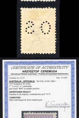Australia SG O24 1914 official 9d Small OS violet M/M
