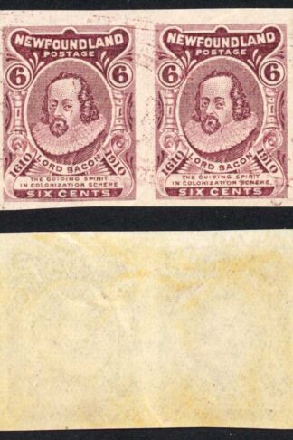 Newfoundland SG111 6c Claret Imperf Pair (wrinkle) M/M Cat 250 pounds