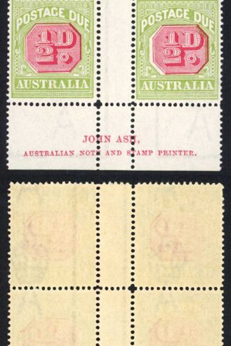 Australia SGD91 1/2d Post Due Ash Print Gutter Block M/M