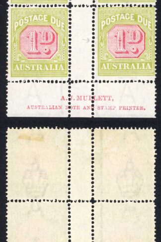 Australia SGD92 1d Post Due Mulett Print Gutter Block M/M