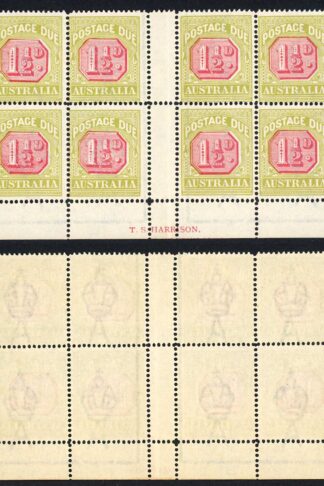 Australia SGD93 1 1/2d Post Due T S Harrison Imprint Gutter Block of 8 U/M