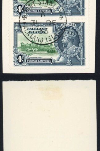 Falkland Is SG141 1935 4d Silver Jubilee CDS Pair on piece Cat 20 pounds