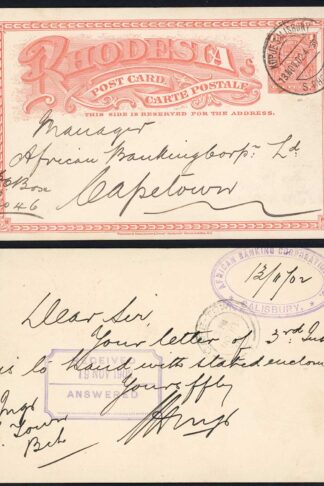Rhodesia 1902 1d Stationery Card from Kopje Salisbury