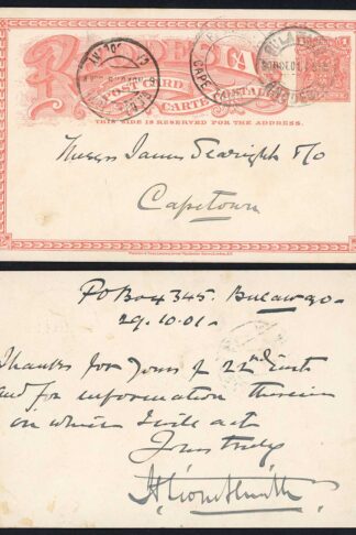 Rhodesia 1901 1d Stationery Card to Cape Town
