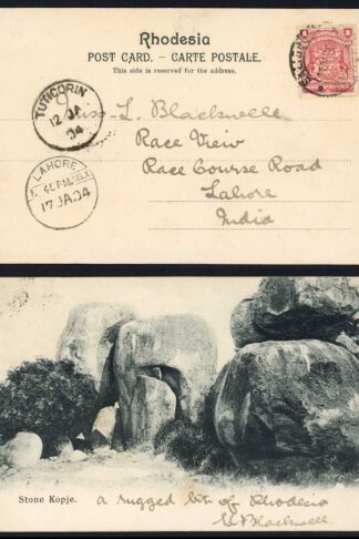 Rhodesia 1904 1d Arms on a picture postcard to India