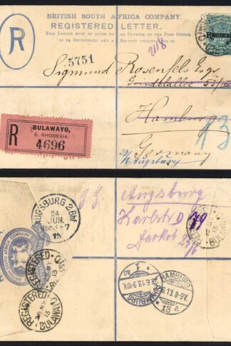 Rhodesia 1913 Prepaid Registered envelope uprated to Germany RARE