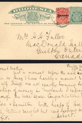 Rhodesia 1911 1/2d Prepaid Postcard from Umsweswe to Canada