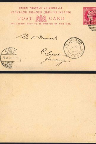 Falkland Is Heijtz P3 1d Post card used to Germany 1894